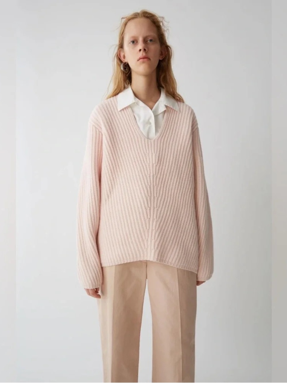 Acne Studio 100% Wool Deborah Soft Pink Ribbed V-Neck Women's Sweater